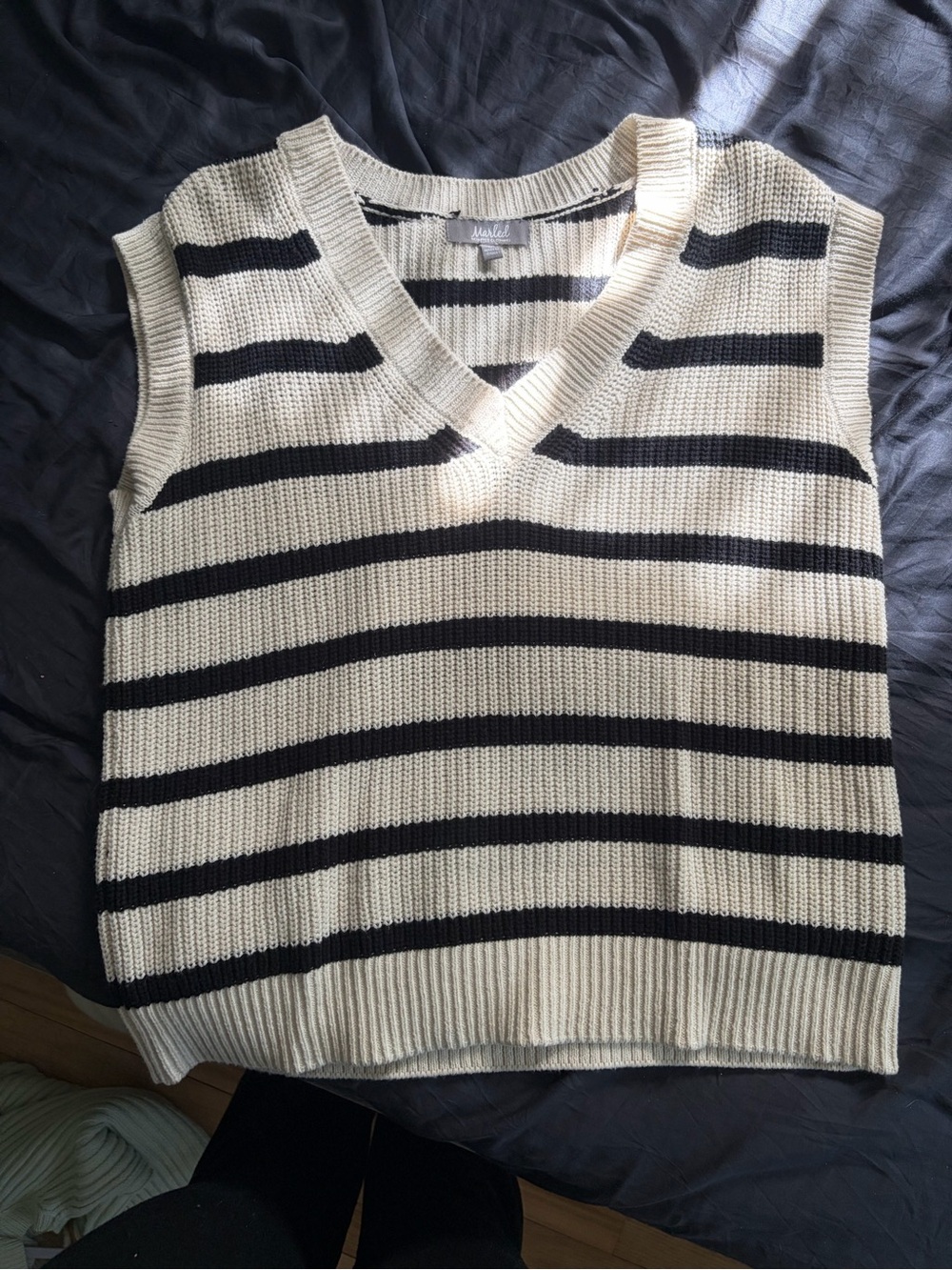 Marled Cream and Black Striped V-Neck Sweater Vest